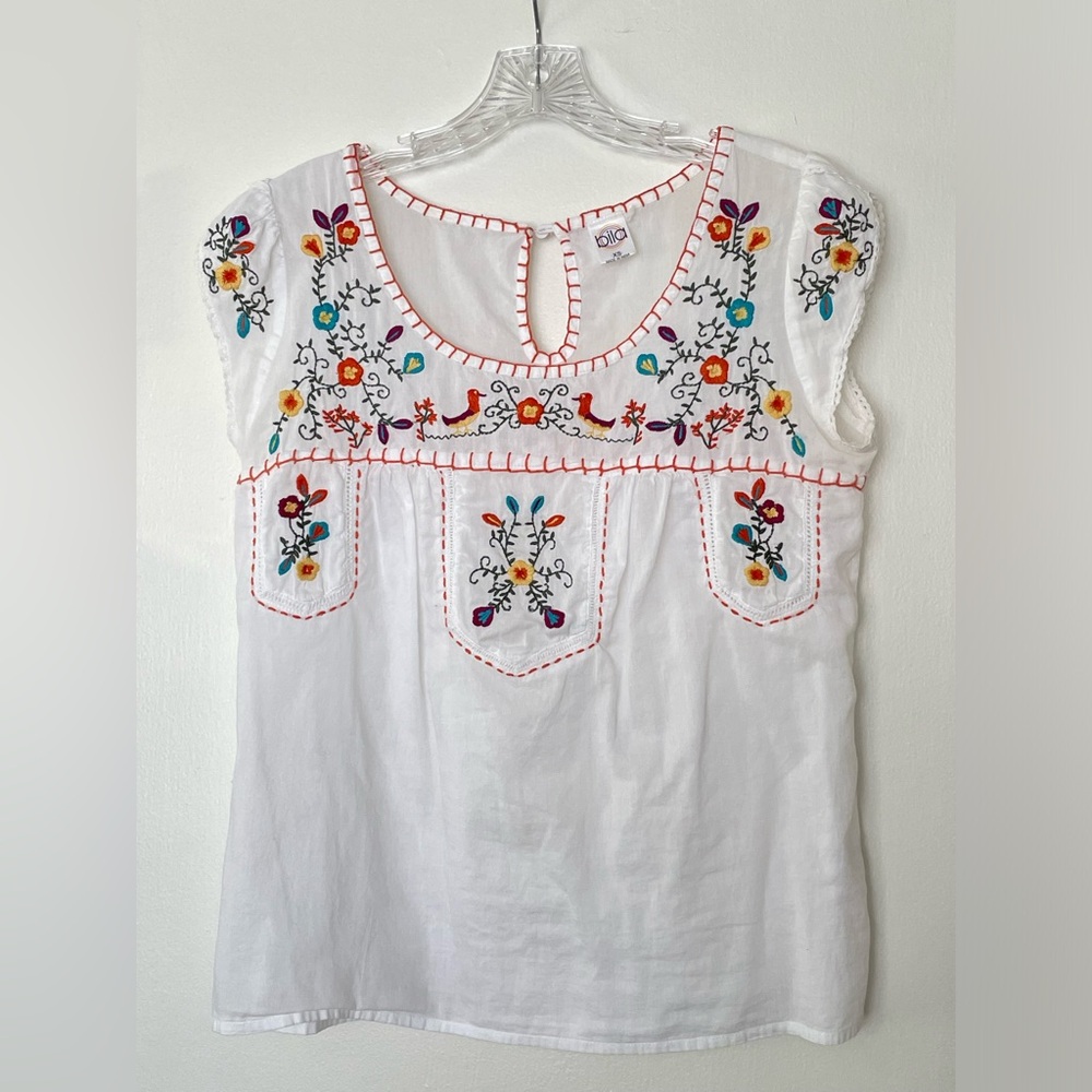 Bila White Top with Multicolor Embroidered Bodice